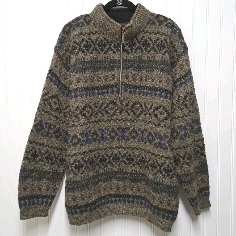VTG 90s ALPS Fair Isle Sweater Mens L Brown Wool Pullover Zip Rugged Outdoor